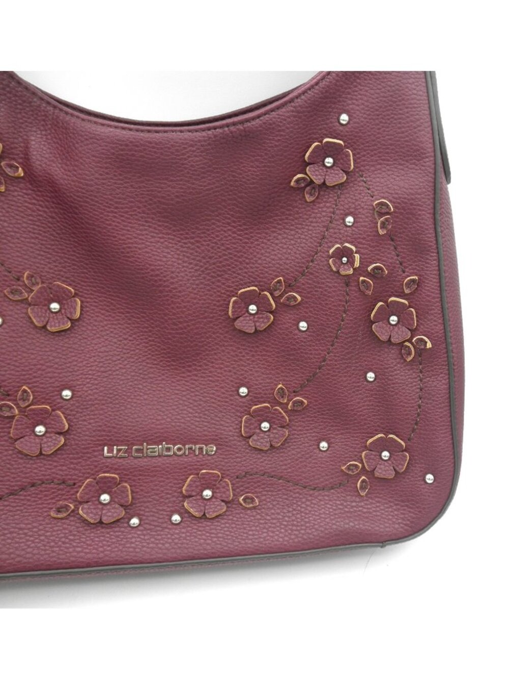 Vintage Liz Claiborne Faux Leather Merlot Claret Shoulder Bag 3D applied Flowers - Picture 16 of 16